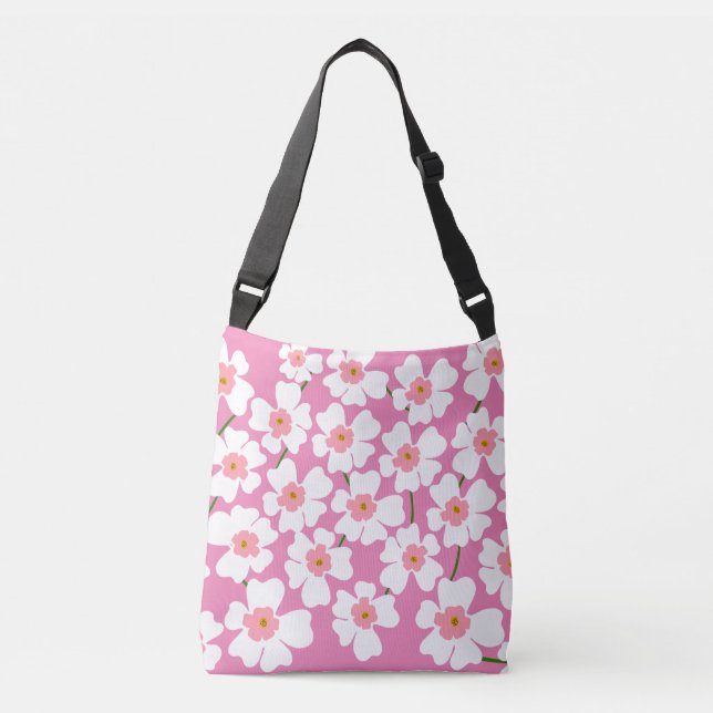 White Fantasy Flower Lover Pattern Pink  Crossbody Bag (Front)