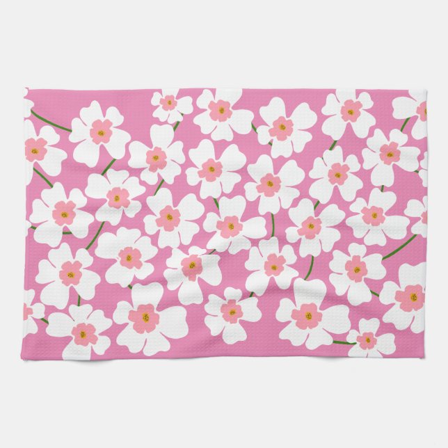 White Fantasy Flower Lover Pattern Pink   Kitchen Towel (Horizontal)