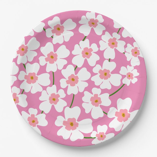White Fantasy Flower Lover Pattern Pink   Paper Plates (Front)