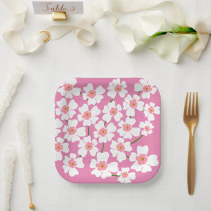 White Fantasy Flower Lover Pattern Pink Wedding Paper Plates