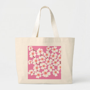 White Fantasy Flowers Pattern Pink Large Tote Bag