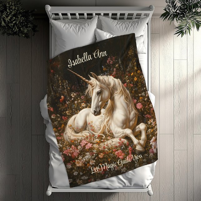 White Fantasy Forest Unicorn Laying in the Flowers Fleece Blanket (Creator Uploaded)