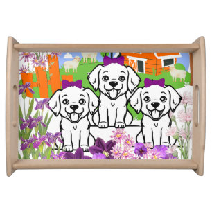 White Farm Puppies & Purple Flowers Dog Lovers Serving Tray