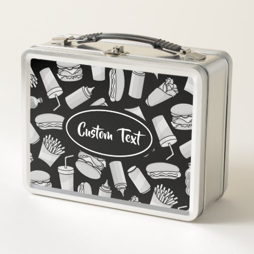 White Fast Food Icons Pattern Metal Lunch Box