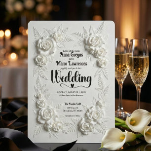 White Faux Bas Relief Floral Wedding Invitation