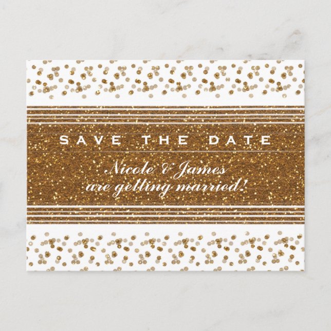 White Faux Brushed Gold Save The Date Postcard (Front)
