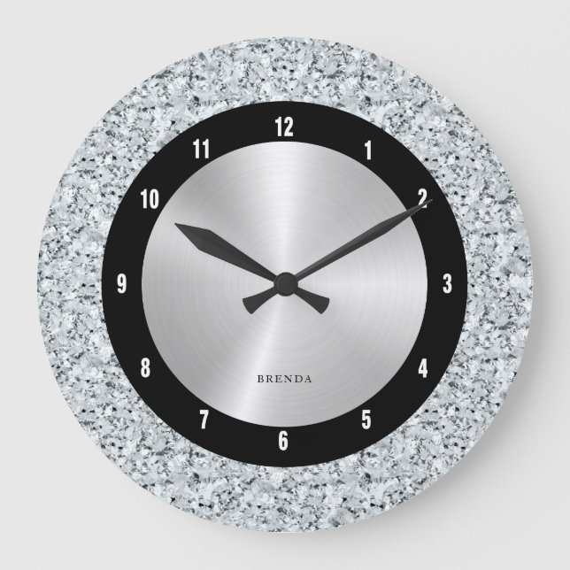 White faux diamonds pattern large clock (Front)