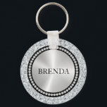 White faux diamonds pattern Monogram Keychain<br><div class="desc">Elegant modern design. White faux diamonds seamless pattern. Faux metallic circle and black accents giving this design simple slick look.</div>