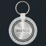 White faux diamonds pattern Monogram Keychain<br><div class="desc">Elegant modern design. White faux diamonds seamless pattern. Faux metallic circle and black accents giving this design simple slick look.</div>