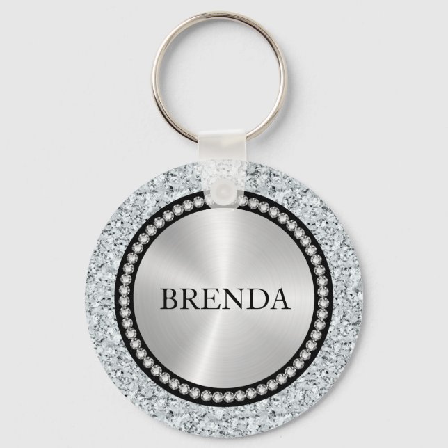 White faux diamonds pattern Monogram Keychain (Front)
