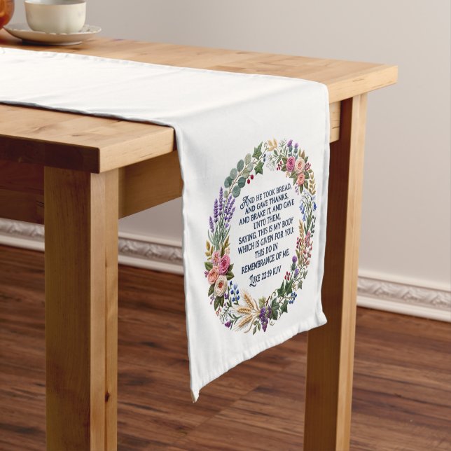 White Faux Embroidery Communion Luke 22:19-20 KJV Medium Table Runner (In Situ)
