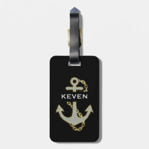 White Faux Glitter & Gold Nautical Anchor Luggage Tag