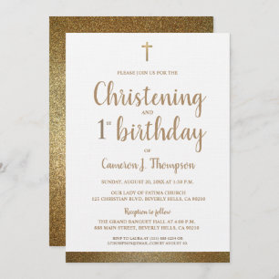 White Faux Gold Cross Christening & 1st birthday Invitation