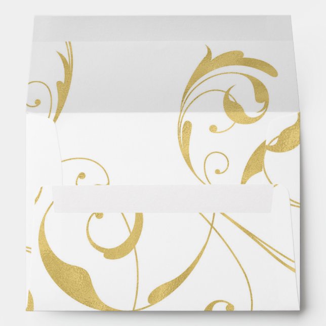White & Faux Gold Floral Swirl Elegant Wedding Envelope (Back (Bottom))