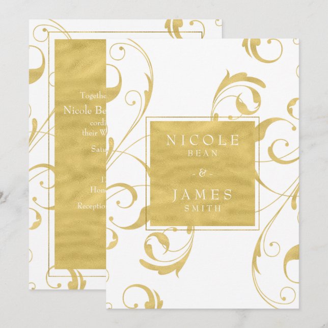 White & Faux Gold Floral Swirl Elegant Wedding Invitation (Front/Back)