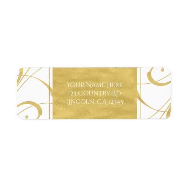 White & Faux Gold Floral Swirl Elegant Wedding Label (Front)