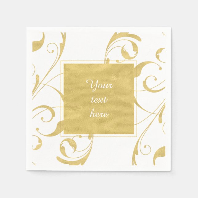 White & Faux Gold Floral Swirl Elegant Wedding Napkins (Front)