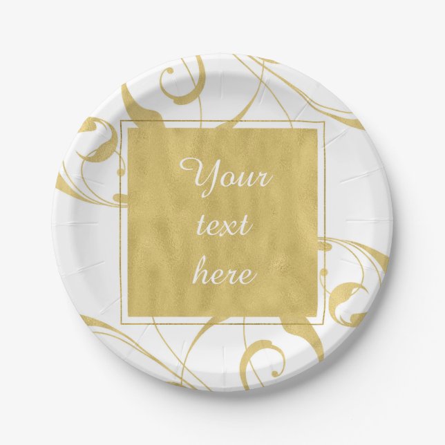 White & Faux Gold Floral Swirl Elegant Wedding Paper Plates (Front)