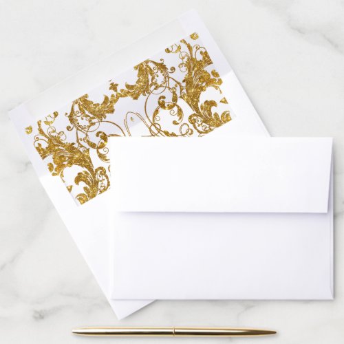White Faux Gold Glitter Vintage Art Deco Scrolls Envelope Liner