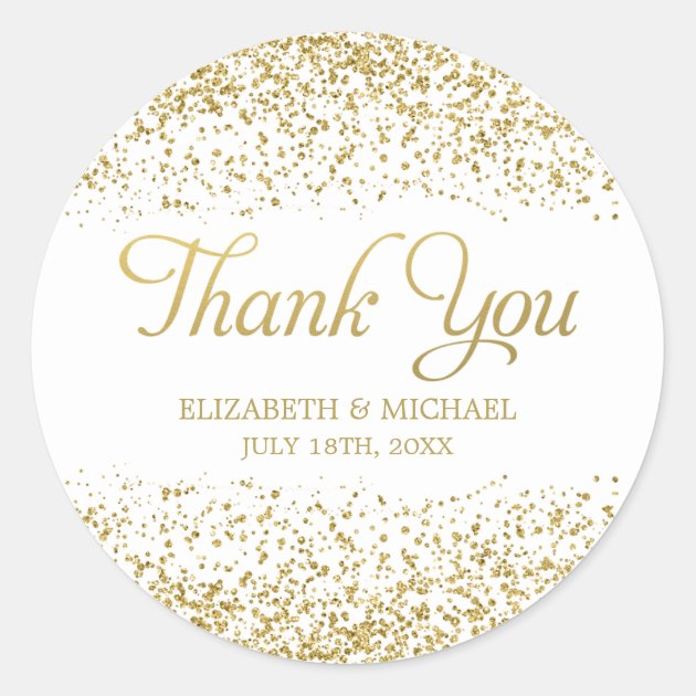 White Faux Gold Glitter Wedding Favor Thank You Classic Round Sticker
