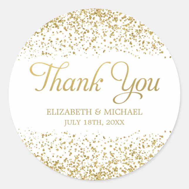 White Faux Gold Glitter Wedding Favor Thank You Classic Round Sticker ...