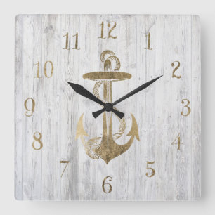 White faux gold nautical anchor vintage white wood square wall clock