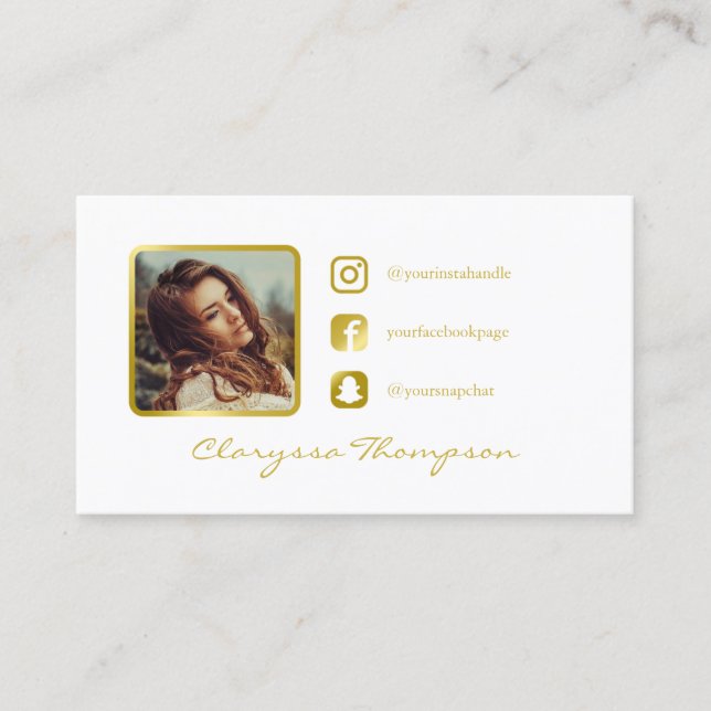 White & Faux Gold Photo Social Media Calling Card (Front)