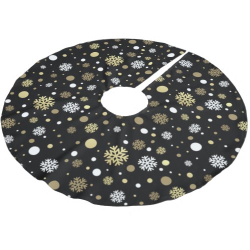 White Faux Gold Snowflakes Polkadots On Black Brushed Polyester Tree Skirt
