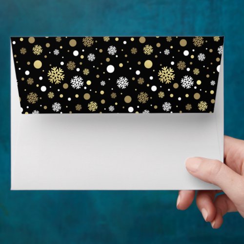 White Faux Gold Snowflakes Polkadots On Black Envelope