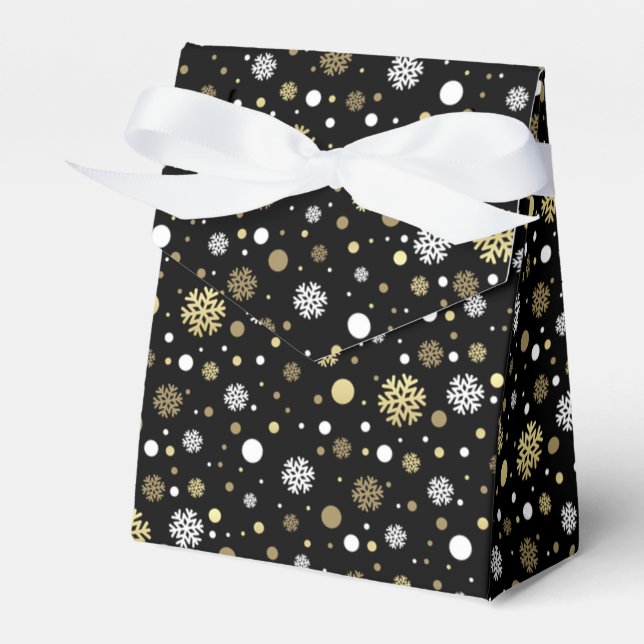 White Faux Gold Snowflakes Polkadots On Black Favor Boxes (Front Side)