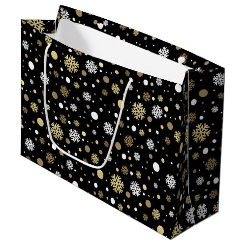 White Faux Gold Snowflakes Polkadots On Black Large Gift Bag