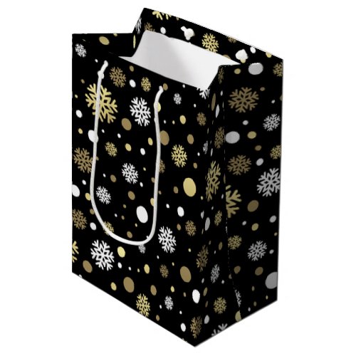 White Faux Gold Snowflakes Polkadots On Black Medium Gift Bag