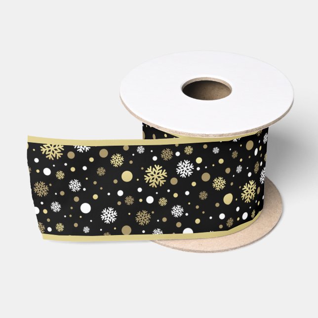 White Faux Gold Snowflakes Polkadots On Black Satin Ribbon (Spool)