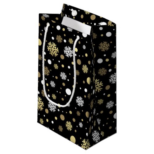 White Faux Gold Snowflakes Polkadots On Black Small Gift Bag