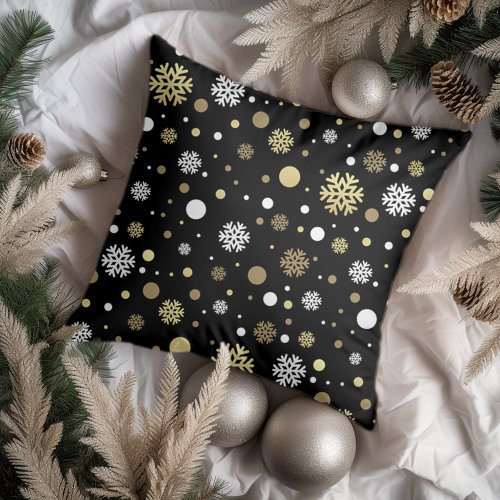White Faux Gold Snowflakes Polkadots On Black Throw Pillow