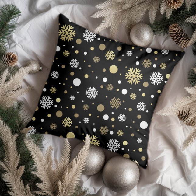 White Faux Gold Snowflakes Polkadots On Black Throw Pillow (Creator Uploaded)