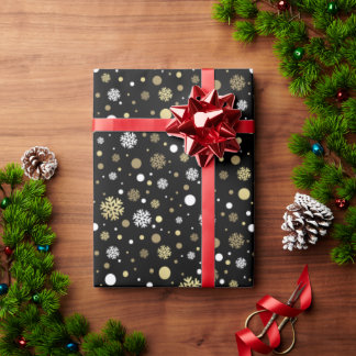 White Faux Gold Snowflakes Polkadots On Black Wrapping Paper