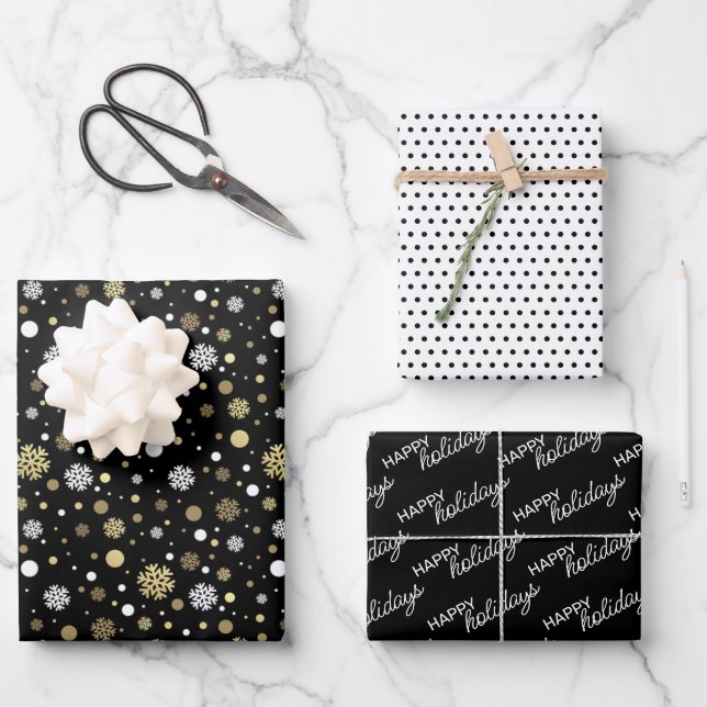 White Faux Gold Snowflakes Polkadots On Black Wrapping Paper Sheets (Front)