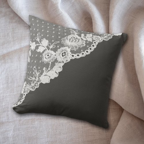 White Faux Lace Corner Charcoal Gray Throw Pillow