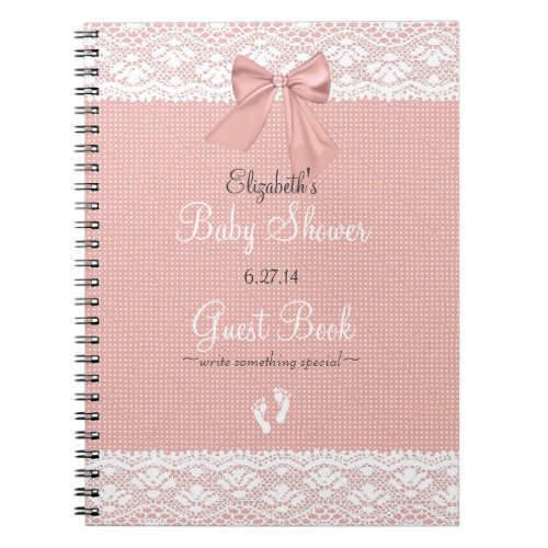 White Faux Lace Peach Bow Baby Shower Guest Book_ Notebook