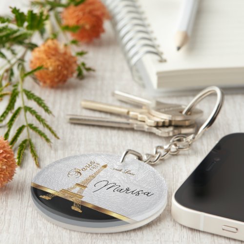 White Faux Leather with Gold Paris Accent Keychain