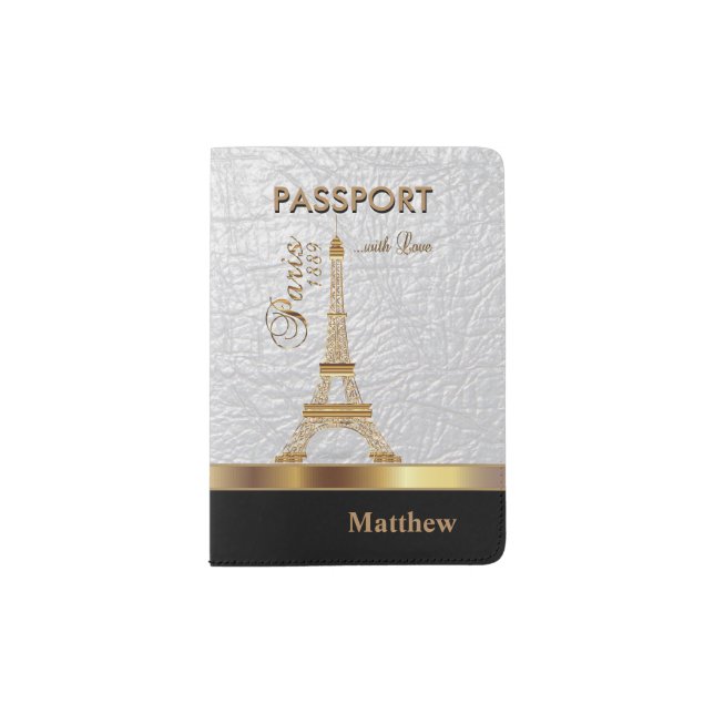 White Faux Leather with Gold Paris Accent Passport Holder (Front)