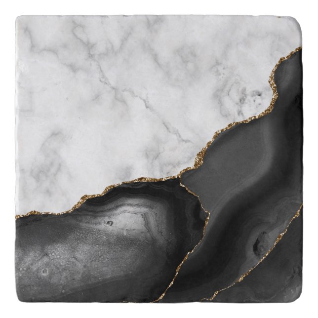 White Faux Marble Black Agate Gold Glitter Trivet (Front)