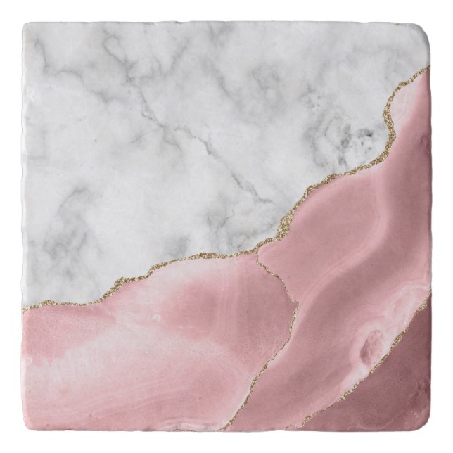 White Faux Marble Blush Pink Agate Gold Glitter Trivet (Front)