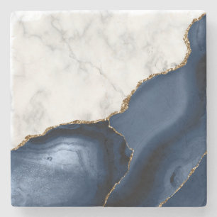 White Faux Marble Gilded Navy Blue Agate Stone Coaster