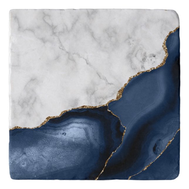White Faux Marble Gilded Navy Blue Agate Trivet (Front)