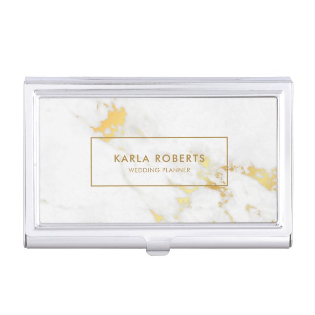 White Faux Marble Gold Accent Business Card Case (Front)