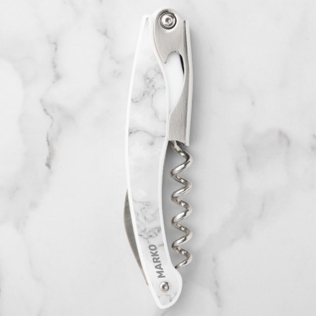 White Faux Marble Monogrammed Waiter's Corkscrew (Back)