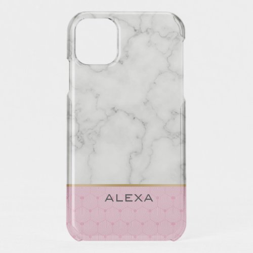 White faux marble pink and gold accent iPhone 11 case