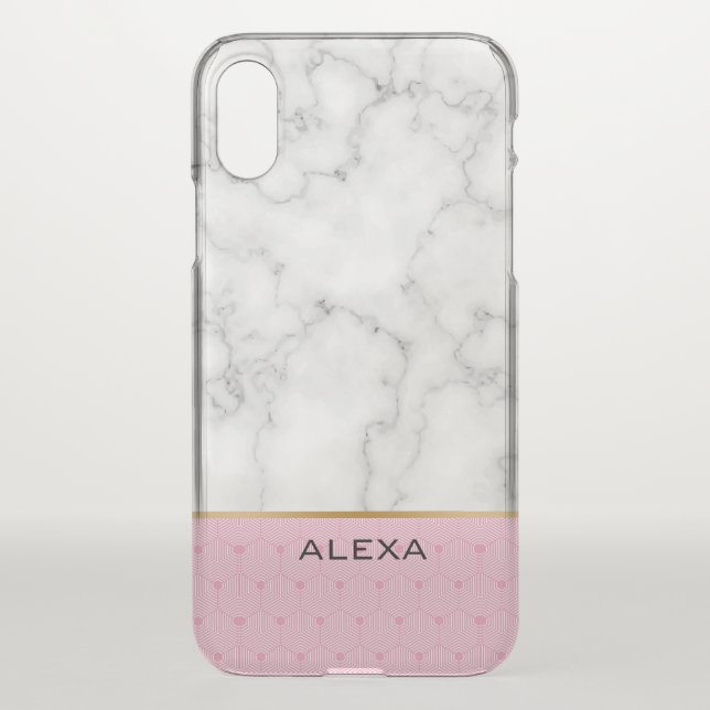 White faux marble pink and gold accents uncommon iPhone case (Back)